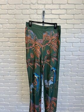 Green Tropical Print Straight-Leg Pants